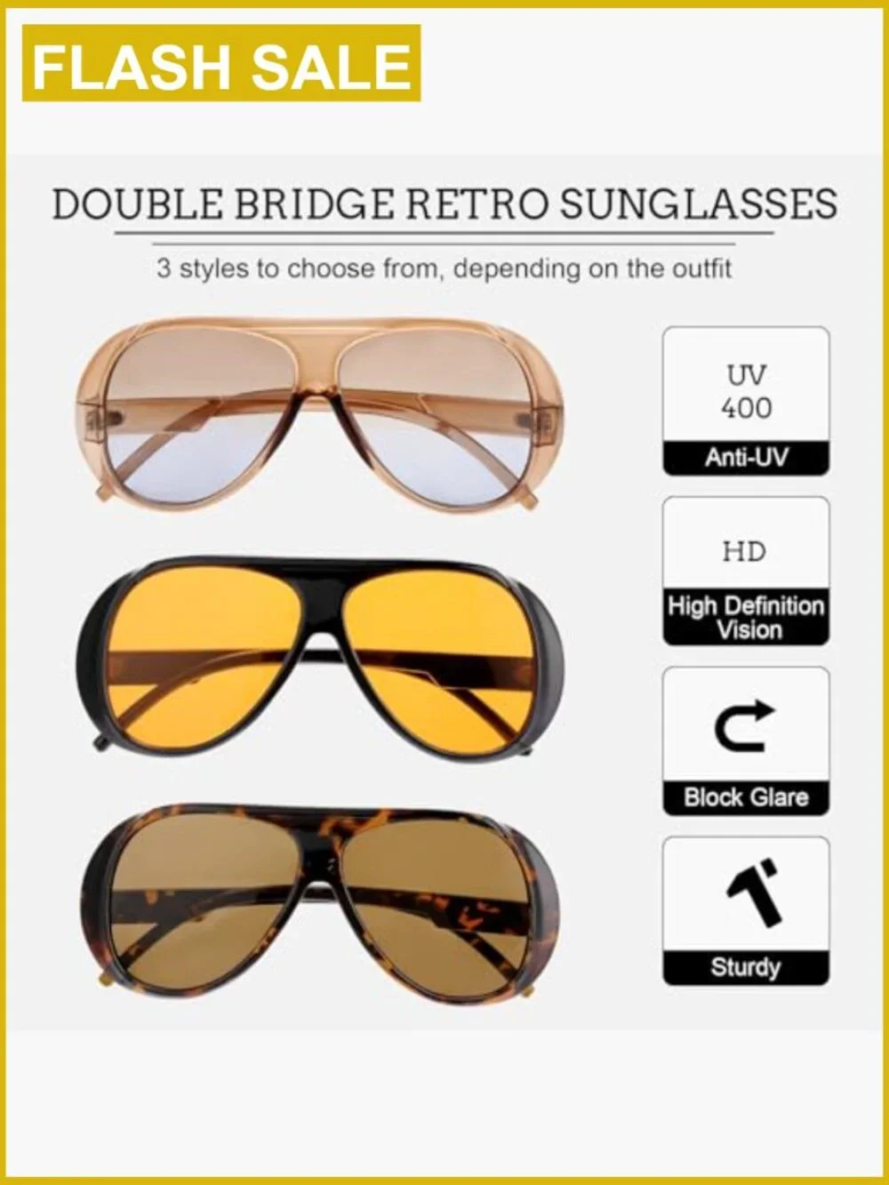 3 Pack Retro Oversized Aviator Sunglasses UV400 Protection